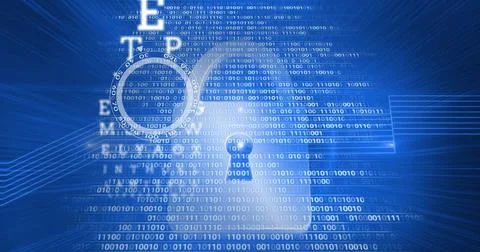 Composition of online security padlock icon, eye test letters, scopes and binary 写真素材