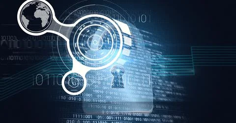 Composition of online security padlock icon, scopes and binary coding Stock Photos