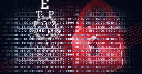 Composition of online security padlock icon, eye test letters, scopes and binary 写真素材