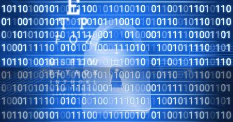 Composition of online security padlock icon, eye test letters and binary coding Stock Photos