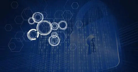 Composition of online security padlock icon, scopes and binary coding Stock Photos