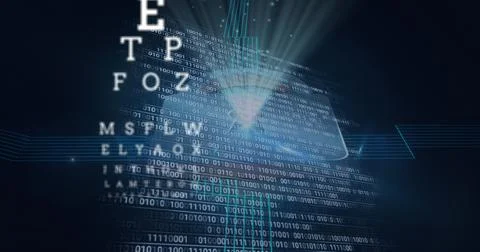 Composition of online security padlock icon, eye test letter, scopes and binary 写真素材