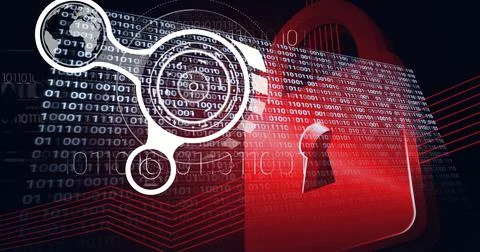 Composition of online security padlock icon, scopes and binary coding Stock Photos