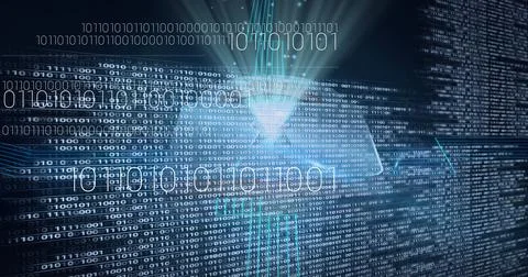 Composition of online security padlock icon, scopes and binary coding Stock Photos