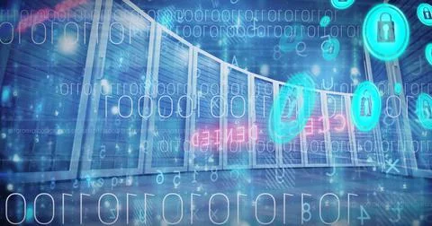 Composition of online security padlock icons over binary coding and computer 스톡 일러스트