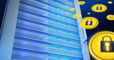 Composition of online security padlock icons over computer server Stock Illustration