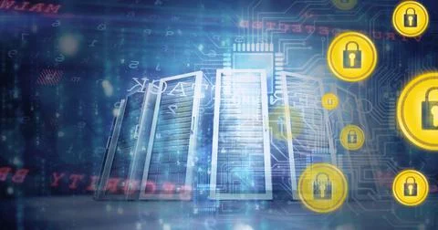 Composition of online security padlock icons over cyber attack text and computer Illustrazione stock