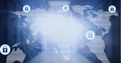 Composition of online security padlock icons over computer circuit board and Foto stock