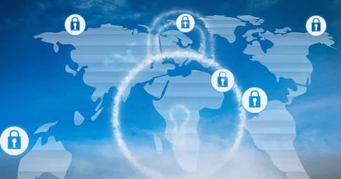 Composition of online security padlock icons over world map Stock Photos