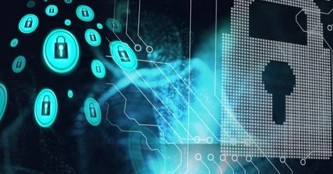 Composition of online security padlock icons over computer circuit board Stock Photos