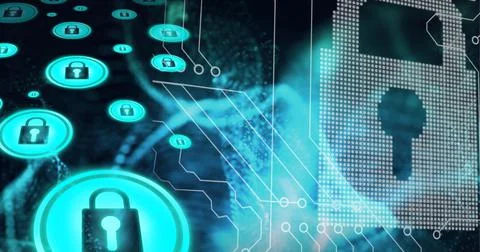 Composition of online security padlock icons over computer circuit board Stockfoto's