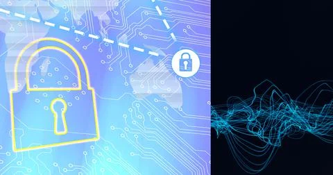 Composition of online security padlock icons over world map and computer circuit Stock Photos