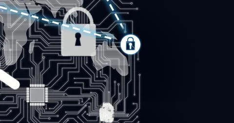 Composition of online security padlock icons over world map and computer circuit Stock Photos