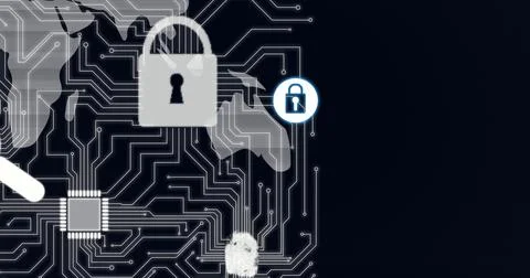 Composition of online security padlock icons over world map and computer circuit Stock Photos
