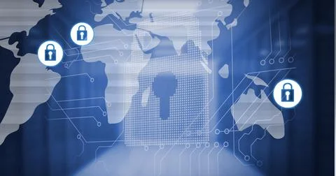 Composition of online security padlock icons over world map and computer circuit Foto stock