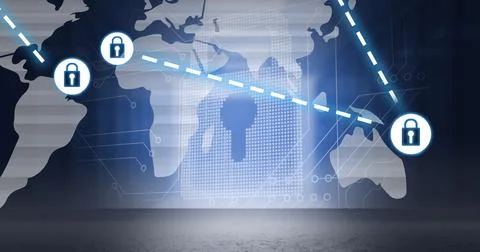 Composition of online security padlock icons over world map and computer circuit Stock Photos