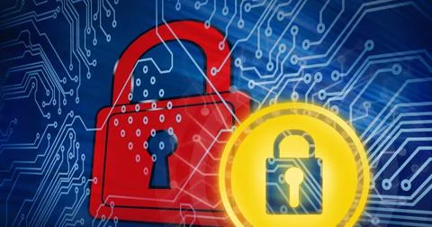 Composition of online security padlock icons over computer circuit board Foto stock