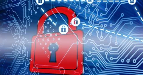 Composition of online security padlock icons over computer circuit board Foto stock