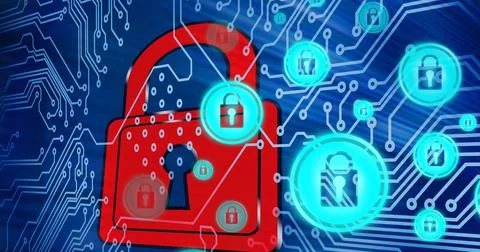 Composition of online security padlock icons over computer circuit board 写真素材