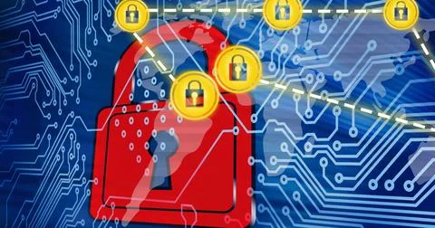 Composition of online security padlock icons over computer circuit board Stock Photos