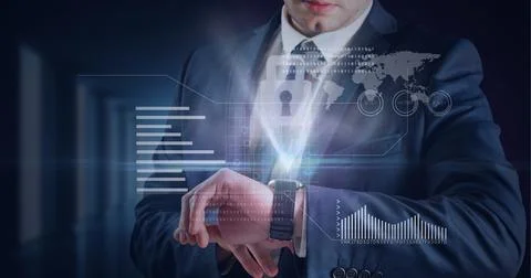 Composition of online security padlock icons and world map over businessman Stock Photos