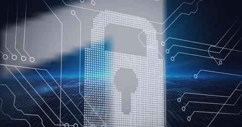 Composition of online security padlock over computer processor circuit board Stockillustratie