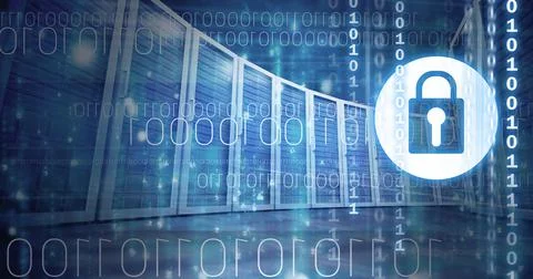 Composition of online security padlock over binary coding and computer servers 스톡 일러스트