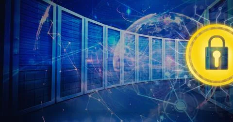 Composition of online security padlock over globe and computer servers Stock Illustration