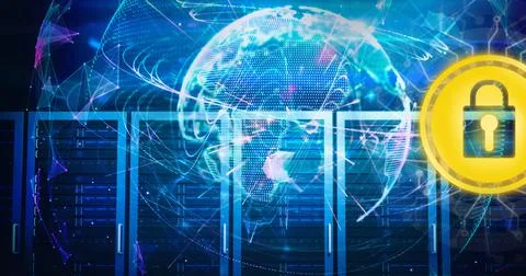 Composition of online security padlock over globe and computer servers Stock Illustration
