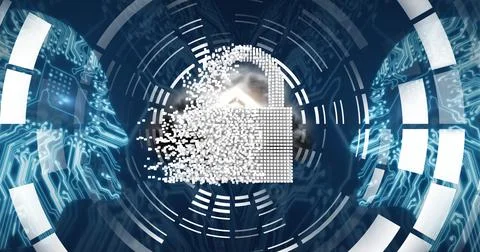 Composition of online security padlock over scopes scanning and processor 스톡 사진