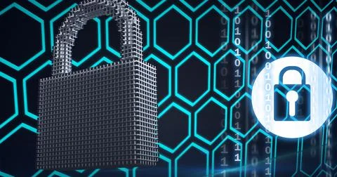 Composition of online security padlock over binary coding and hexagons 库存照片