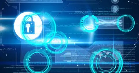 Composition of online security padlock, scopes, binary code, world map Stock Illustration