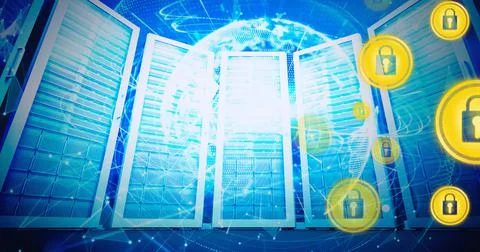 Composition of online security padlocks over globe and computer servers Stock Illustration