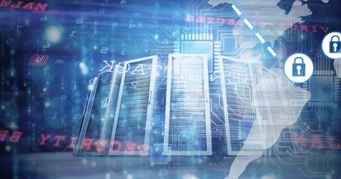 Composition of online security padlocks over cyber crime text and computer Stock Illustration