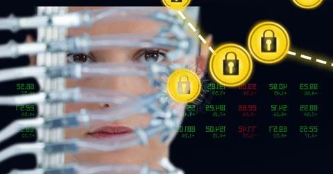 Composition of online security padlocks over caucasian woman and data processing 스톡 사진