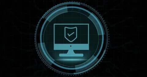 Composition of online security shield icon on black background Ilustração Stock