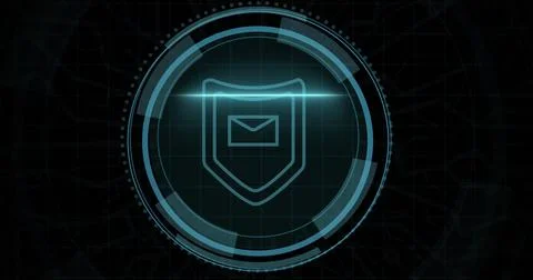 Composition of online security shield icon on black background Ilustração Stock