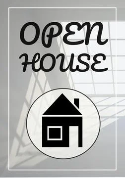 Composition of open house text and house icon over empty room with window Illustrazione stock