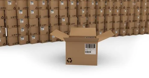 Composition of opened cardboard box over stack of boxes on white background Stock Photos
