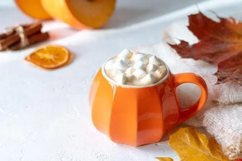 Composition with orange pumpkin styled cup of coffee with marshmallows and au Stock Photos