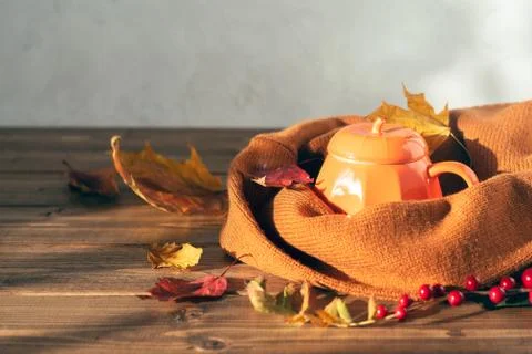 Composition with orange pumpkin styled cup of coffee and autumn themed decora Stock Photos