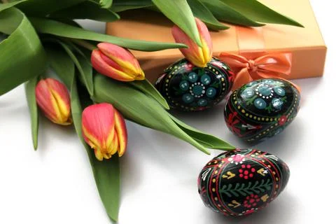 Composition of orange yellow tulips Stock Photos