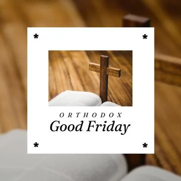 Composition of orthodox good friday text over bible and cross Ilustração Stock