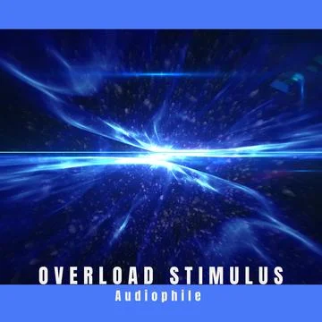Composition of overload stimulus audiophile text over blue light trails on black Stock Illustration