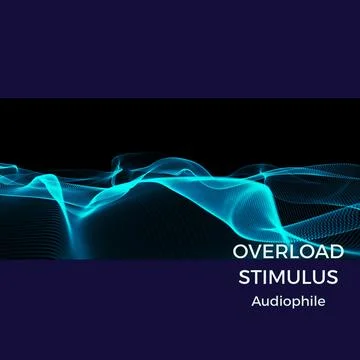 Composition of overload stimulus audiophile text over blue waves on black Stock Illustration