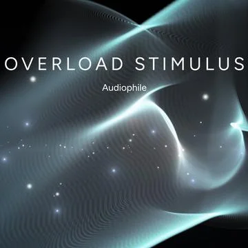 Composition of overload stimulus audiophile text over blue waves on black Stock Illustration