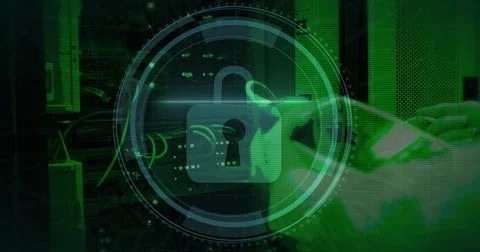 Composition of padlock and data processing over computer servers Stock Photos