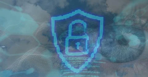 Composition of padlock and data processing over eyes and clouds Stock Photos