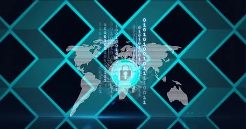 Composition of padlock icon with world map and binary code over blue 3d grid on Stock Illustration