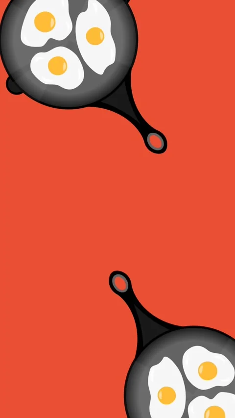 Composition of pan with eggs icons on red background Stock Footage 344244288